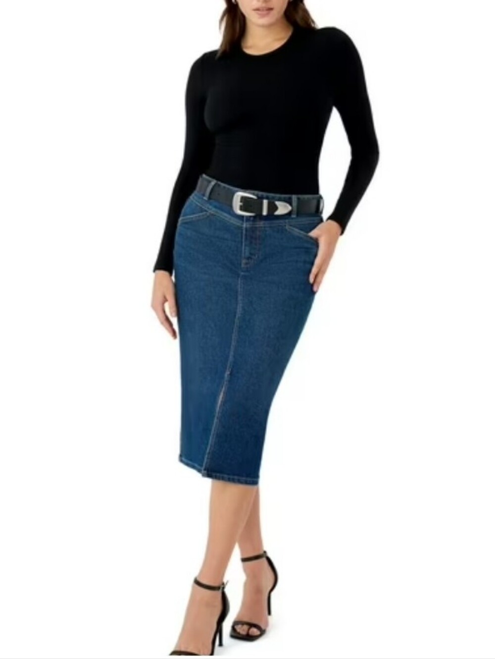 Edited By Remi BADER Blue Denim Midi Skirt with Side Slit SIZE 0